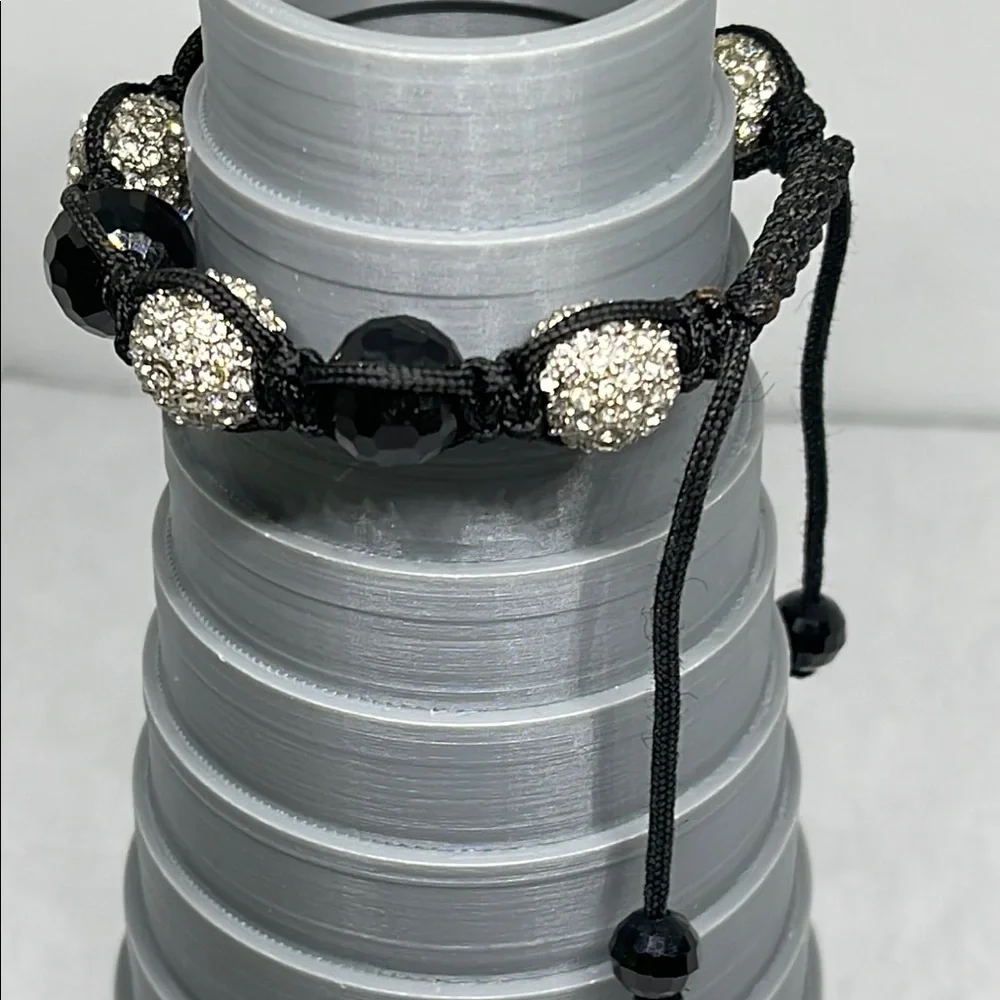 Adjustable Black glass and Silver tone pace rhinestone Beaded Bracelet